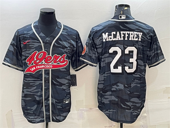 Men's San Francisco 49ers #23 Christian McCaffrey Gray Camo With Patch Cool Base Stitched Baseball Jersey